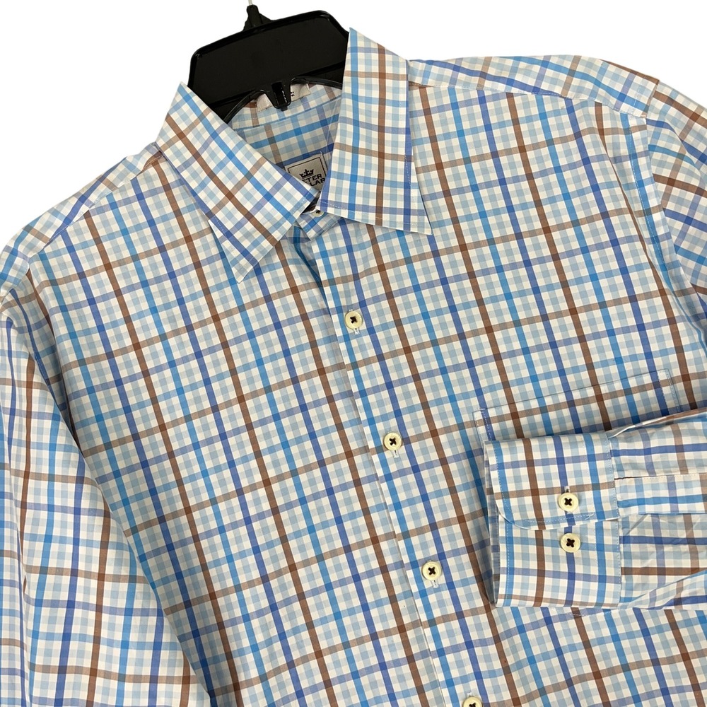 Peter Millar Weekender Wash Cotton Plaid Button Down Shirt Blue Brown M Mens